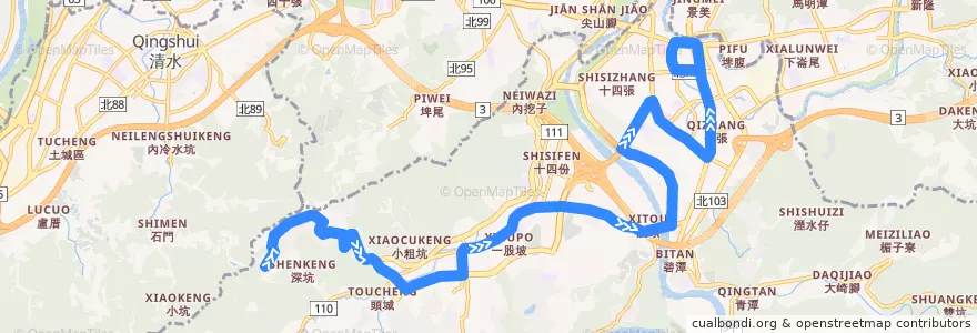 Mapa del recorrido 新北市 綠15 綠野香坡-捷運大坪林站 (往程) de la línea  en Distretto di Xindian.