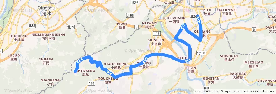 Mapa del recorrido 新北市 綠15 綠野香坡-捷運大坪林站 (返程) de la línea  en 신뎬 구.