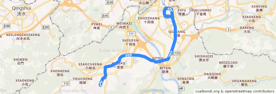 Mapa del recorrido 新北市 綠7 黎明清境-捷運大坪林站 (往程) de la línea  en 신뎬 구.
