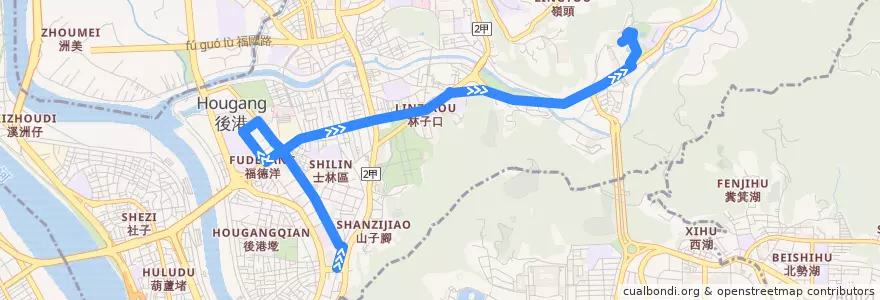 Mapa del recorrido 臺北市 紅30 故宮博物院-捷運劍潭站 (返程) de la línea  en 士林區.