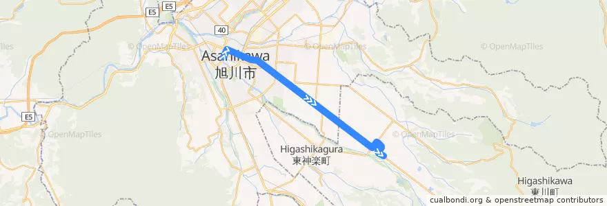 Mapa del recorrido [62]東川小学校線 de la línea  en Kamikawa Subprefecture.