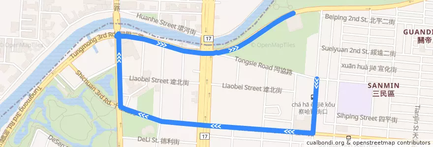 Mapa del recorrido 紅28(延駛中都濕地公園_往程) de la línea  en 三民區.