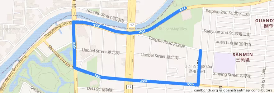 Mapa del recorrido 紅28(延駛中都濕地公園_返程) de la línea  en 싼민구.