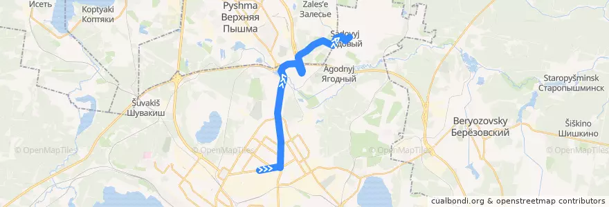 Mapa del recorrido Автобус 56. УЗТМ — Посёлок Садовый de la línea  en Oblast Swerdlowsk.