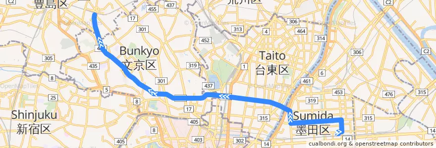 Mapa del recorrido 東京都交通局 都02 錦糸町駅前 - 大塚駅前 de la línea  en Tokyo.