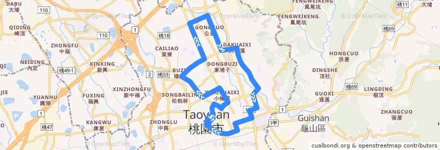 Mapa del recorrido 桃園公車 免費市民公車 環狀藍線 de la línea  en Taoyuan District.