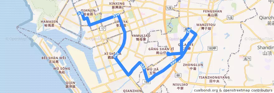 Mapa del recorrido 25路(返程) de la línea  en کائوهسیونگ.