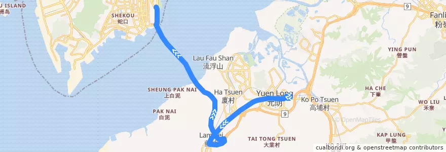 Mapa del recorrido 嶼巴B2線 New Lantao Bus B2 (元朗站 Yuen Long Station → 深圳灣口岸 Shenzhen Bay Port) de la línea  en Nuevos Territorios.