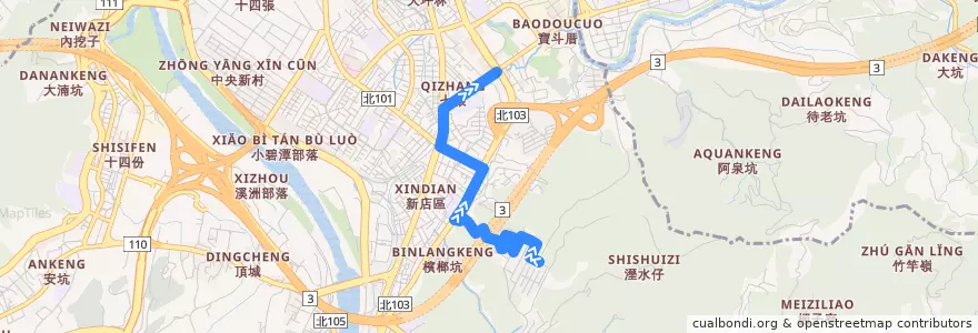 Mapa del recorrido 新北市 綠9區 大千豪景-北新國小 (往程) de la línea  en Xindian District.