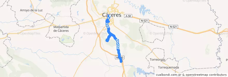 Mapa del recorrido L40 (Múltiples - Valdesalor) de la línea  en Cáceres.