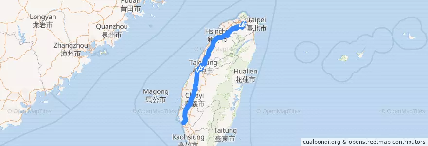 Mapa del recorrido 1612 臺北→國道3號→臺南[經安坑交流道] (往程) de la línea  en Taiwan.