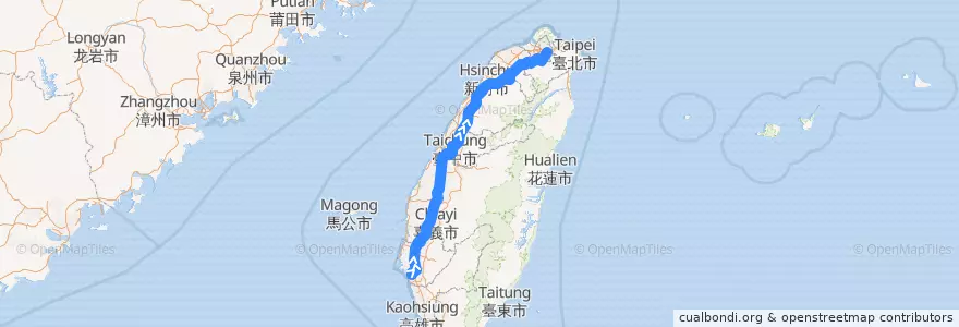 Mapa del recorrido 1612 臺北→國道3號→臺南[經安坑交流道] (返程) de la línea  en Tayvan.