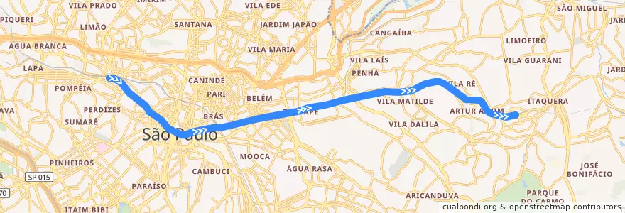 Mapa del recorrido Linha 3 - Vermelha: Palmeiras - Barra Funda ⇒ Corinthians - Itaquera de la línea  en São Paulo.