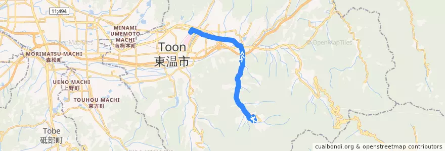 Mapa del recorrido 井内線 de la línea  en 東温市.