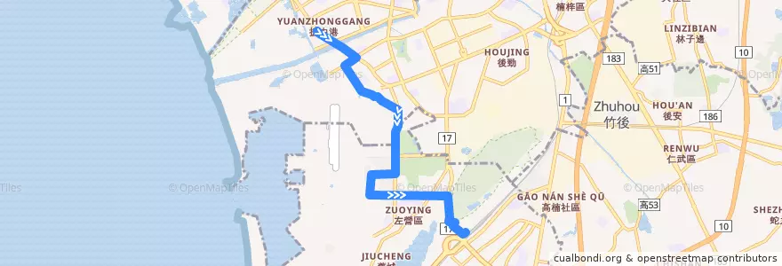 Mapa del recorrido 紅53(正線_返程) de la línea  en Kaohsiung.