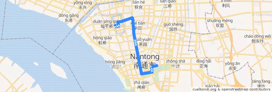 Mapa del recorrido 301路: 环西文化广场 => 南通大学北 de la línea  en Chongchuan District.