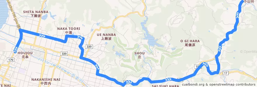 Mapa del recorrido 立岩線 (北条 - 難波 - 小山田) de la línea  en 松山市.