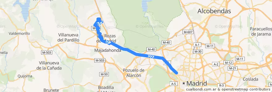 Mapa del recorrido Bus 629: Las Rozas (Parque Empresarial)→ Madrid (Moncloa) de la línea  en Área metropolitana de Madrid y Corredor del Henares.
