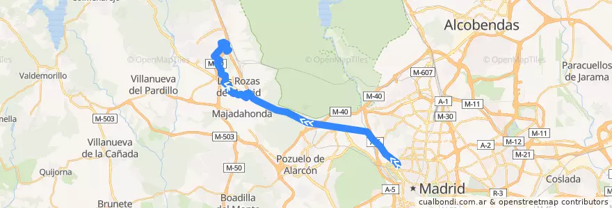 Mapa del recorrido Bus 629: Madrid (Moncloa) → Las Rozas (Parque Empresarial) de la línea  en Área metropolitana de Madrid y Corredor del Henares.