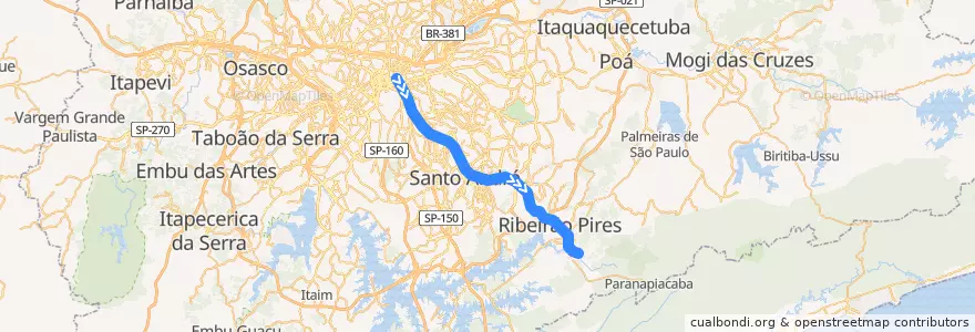 Mapa del recorrido Linha 10 - Turquesa: Brás ⇒ Rio Grande da Serra de la línea  en Região Metropolitana de São Paulo.