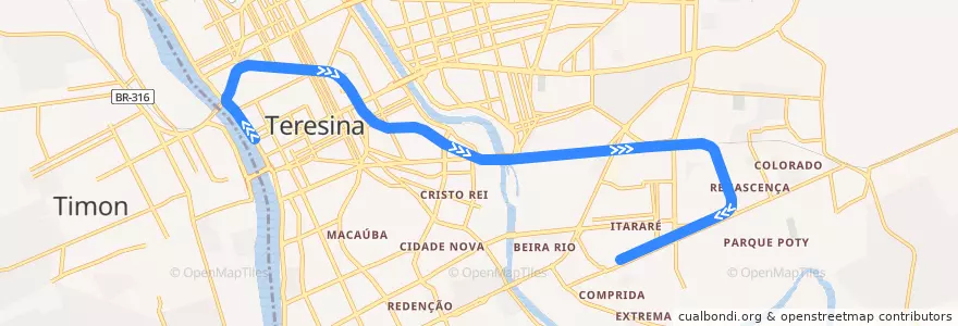 Mapa del recorrido Linha 1 - Itararé -> Eng. Alberto T. Silva de la línea  en Teresina.