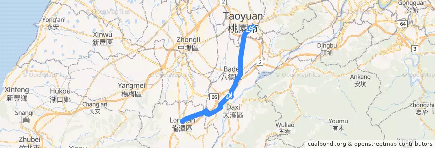 Mapa del recorrido 5053 桃園-龍潭 (經九龍村) (往程) de la línea  en Taoyuan.