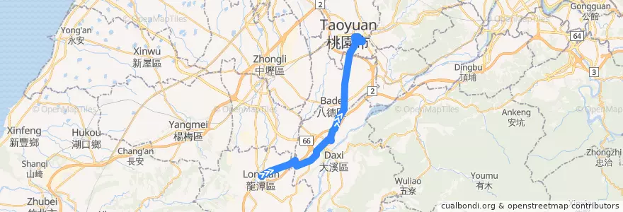 Mapa del recorrido 5053 桃園-龍潭 (經九龍村) (返程) de la línea  en Taoyuan.