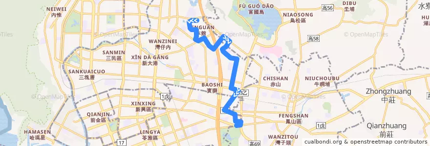 Mapa del recorrido 53A(返程) de la línea  en Kaohsiung.