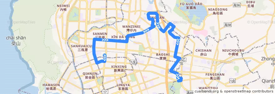 Mapa del recorrido 53B(返程) de la línea  en Kaohsiung.