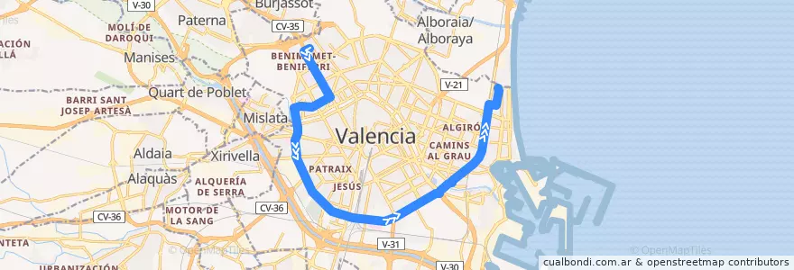 Mapa del recorrido Bus 99: Palau de Congressos => La Malva-Rosa de la línea  en Comarca de València.