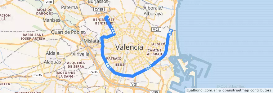 Mapa del recorrido Bus 99: La Malva-Rosa => Palau de Congressos de la línea  en Comarca de València.