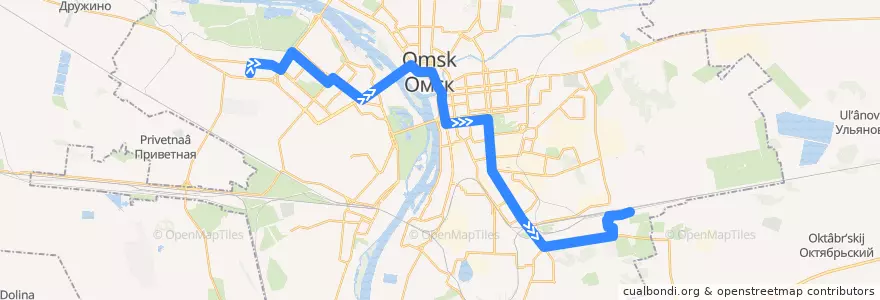 Mapa del recorrido Автобус №64 : Дергачёва - пос. Дальний de la línea  en городской округ Омск.