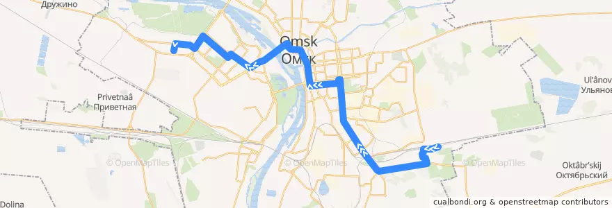 Mapa del recorrido Автобус №64 : пос. Дальний - Дергачёва de la línea  en городской округ Омск.