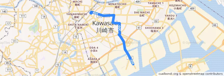 Mapa del recorrido 扇町線 扇町→川崎駅 de la línea  en Kawasaki Ward.
