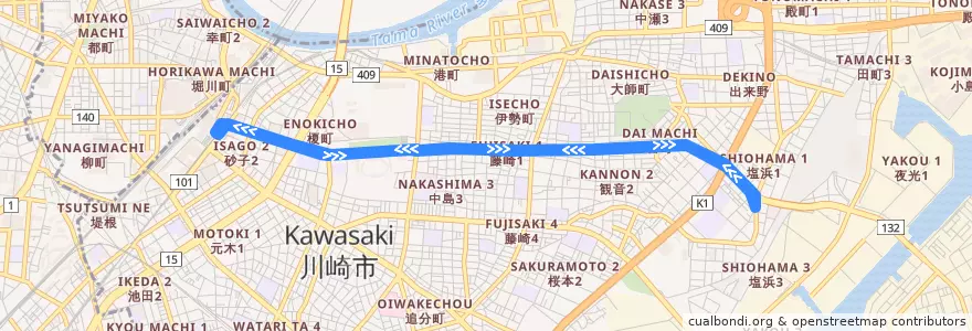 Mapa del recorrido 埠頭線 de la línea  en Kawasaki Ward.