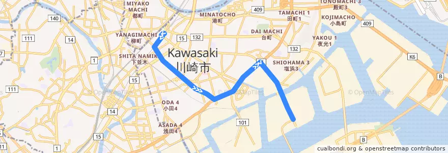 Mapa del recorrido 渡田線　川崎駅 => 水江町 de la línea  en 川崎区.