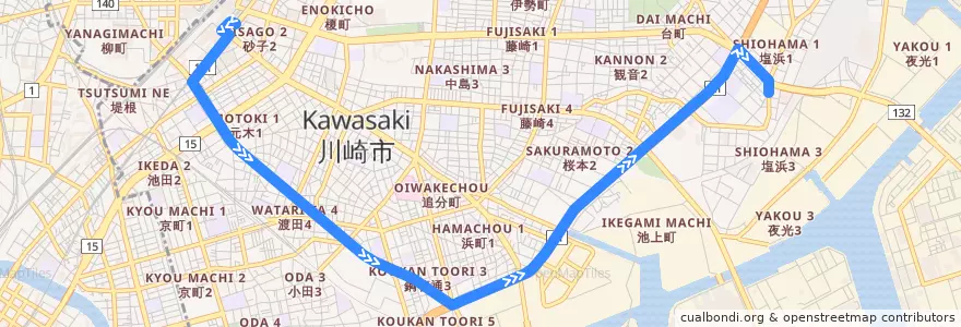 Mapa del recorrido 渡田線　川崎駅 => 塩浜営業所前 de la línea  en Kawasaki Ward.