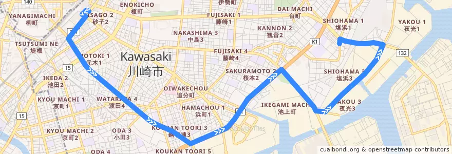 Mapa del recorrido 渡田線　川崎駅 => 塩浜営業所前 de la línea  en 川崎区.