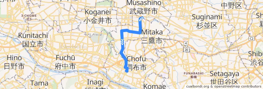 Mapa del recorrido Bus 鷹51 三鷹駅->調布駅北口 de la línea  en Tokio.