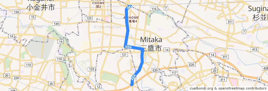 Mapa del recorrido Bus 鷹54 三鷹駅->晃華学園東 de la línea  en 東京都.