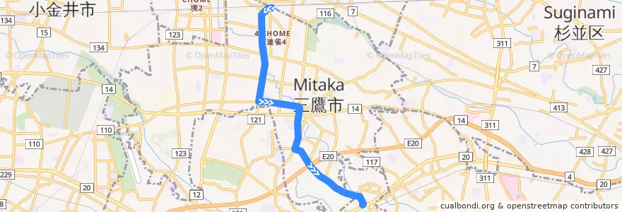 Mapa del recorrido Bus 鷹54 三鷹駅->仙川 de la línea  en Mitaka.