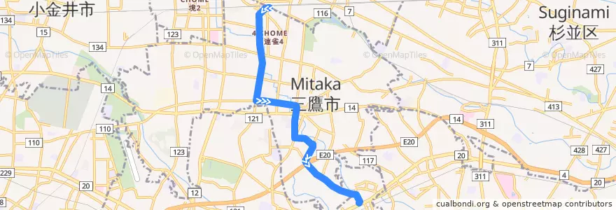 Mapa del recorrido Bus 鷹54 三鷹駅->仙川 via 杏林大学病院,新川団地中央 de la línea  en Mitaka.