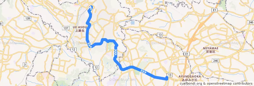 Mapa del recorrido 新23　新百合ヶ丘駅⇒あざみ野駅 de la línea  en Kanagawa Prefecture.