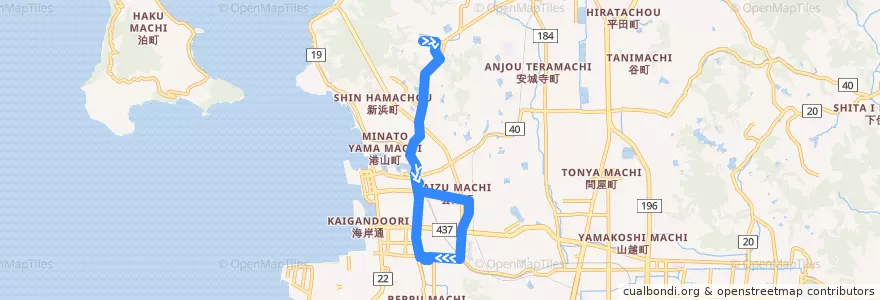 Mapa del recorrido 電車連絡三津ループ線 de la línea  en 松山市.