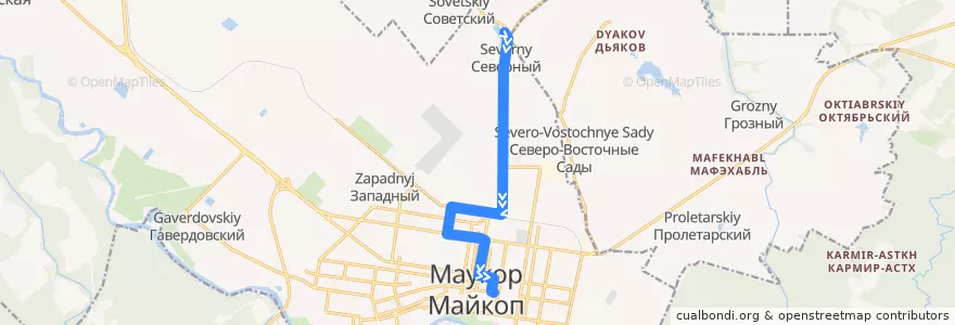 Mapa del recorrido Автобус №110: посёлки Северный => Университет de la línea  en городской округ Майкоп.