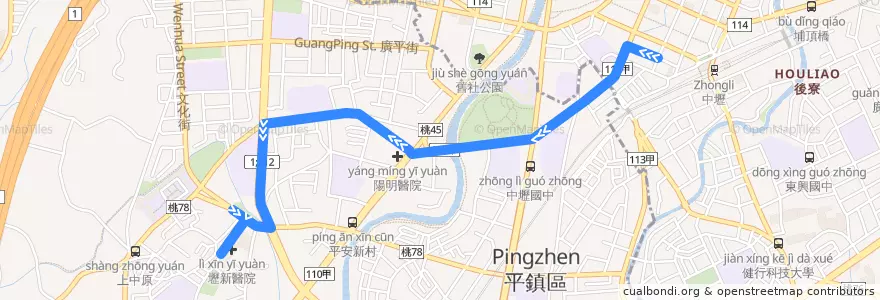 Mapa del recorrido 119 壢新醫院→中壢 de la línea  en 平鎮區.