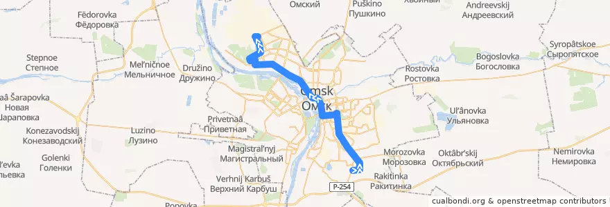Mapa del recorrido Автобус №20 : Московка-2 - Омский нефтеперерабатывающий завод de la línea  en городской округ Омск.