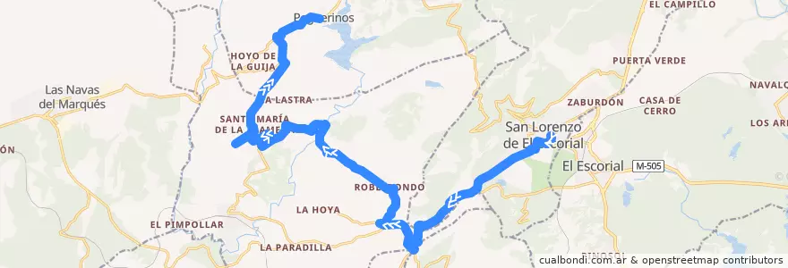 Mapa del recorrido Bus 665: San Lorenzo de El Escorial → Peguerinos de la línea  en بخش خودمختار مادرید.