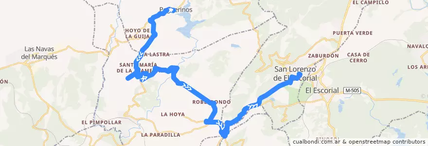 Mapa del recorrido Bus 665: Peguerinos → San Lorenzo de El Escorial de la línea  en Comunidad de Madrid.