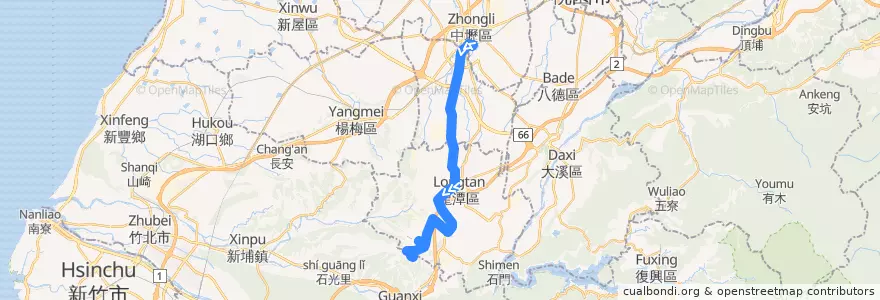 Mapa del recorrido 5653 中壢→六福村 de la línea  en Taoyuan.